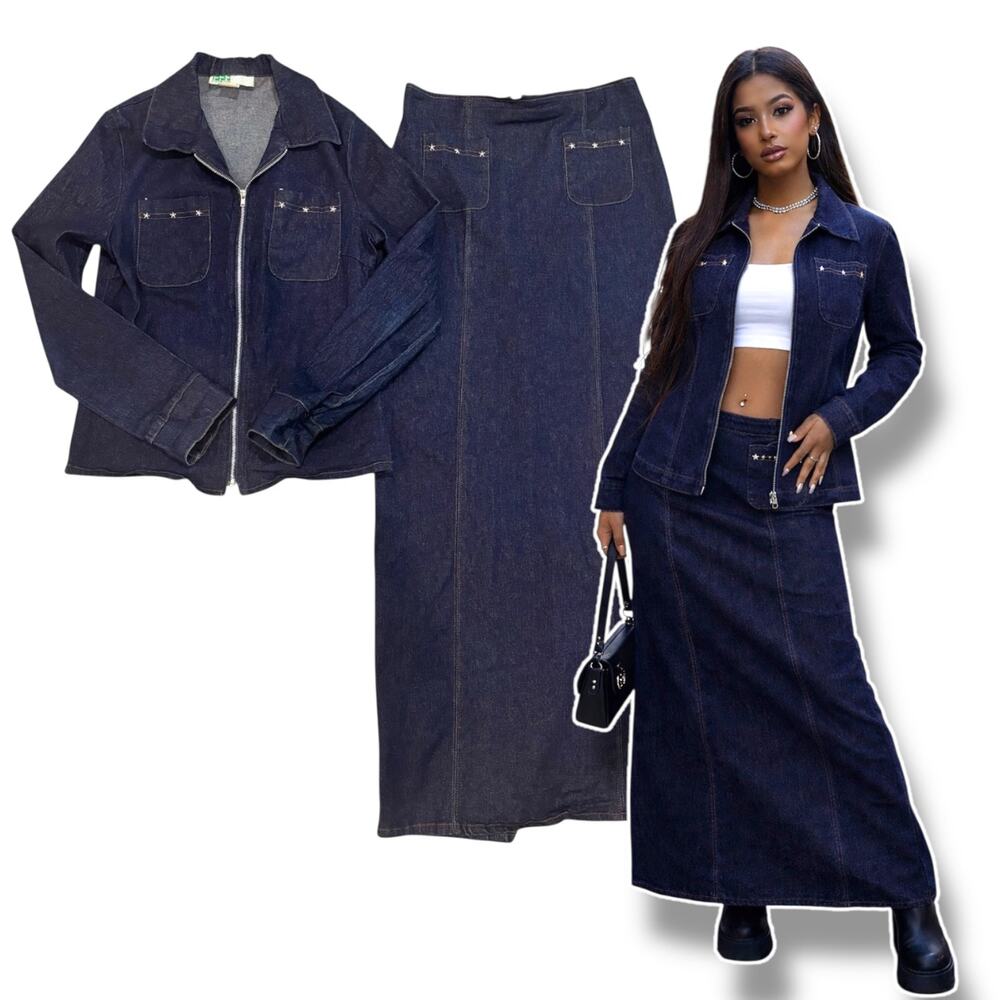 Denim 2-Pc Jacket & Maxi Skirt XS/S Star Studded Blue Western Grunge Cowgirl Vtg
